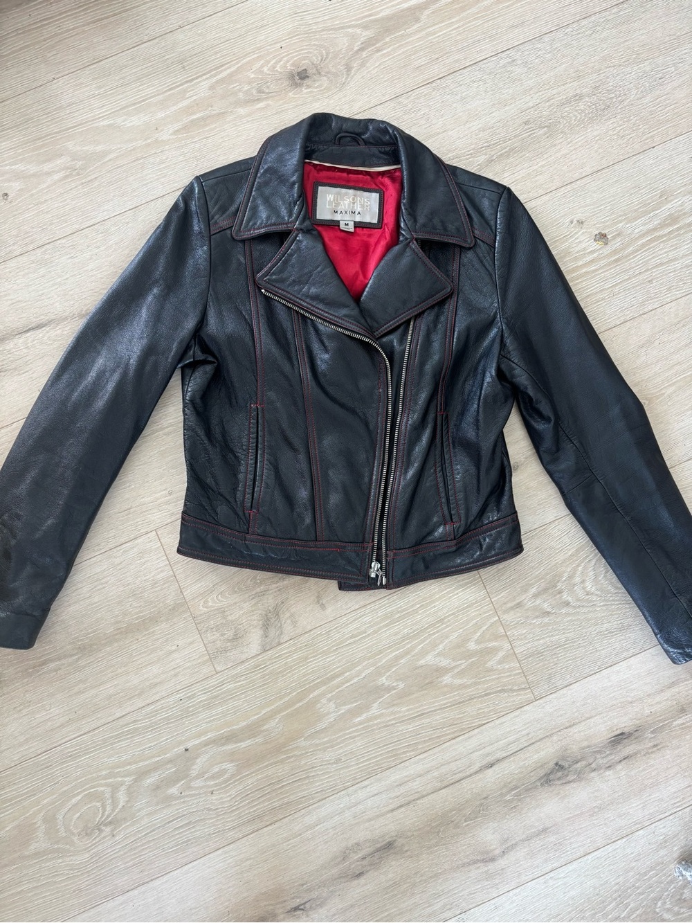 Vintage Wilsons Leather Maxima Black Genuine Leather Biker Jacket w red stitch